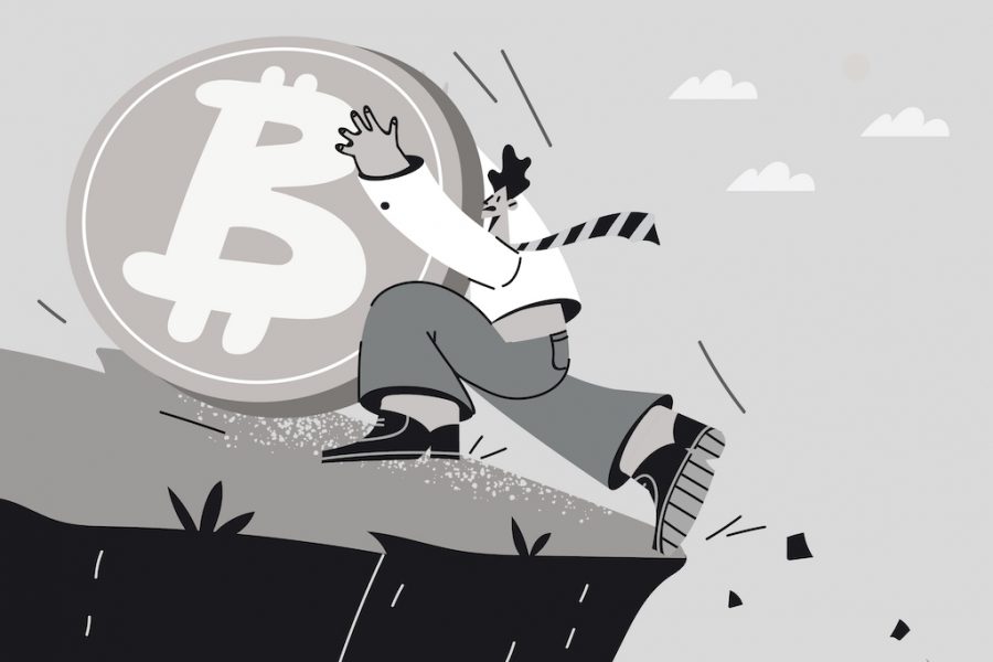Stressed businessman holding bitcoin help cryptocurrency to fall down cliff. Man trader saving crypto currency from financial crisis. Finance and trading. Vector illustration.